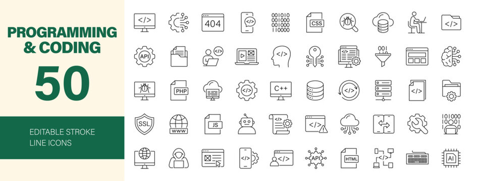 Programming Coding and API icon set. Editable line icons. Vector illustration.