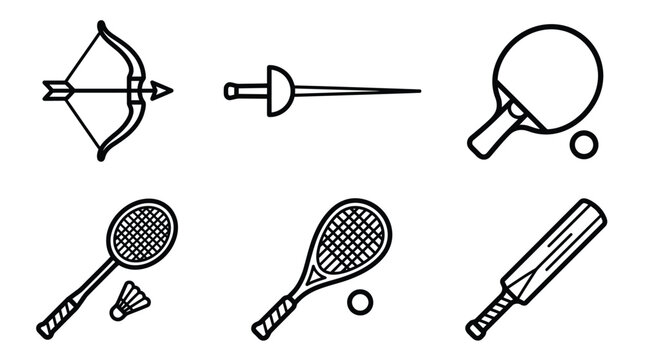 Archery bow and fencing sword and table tennis paddle and badminton racket and cricket bat are shown in this linear set.