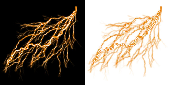 Orange lightning bolt discharge pattern with split screen comparison on black and white backgrounds isolated on a transparent background