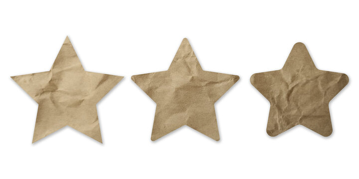 Three star shaped frames arranged horizontally on a crumpled brown paper texture background isolated on a transparent background