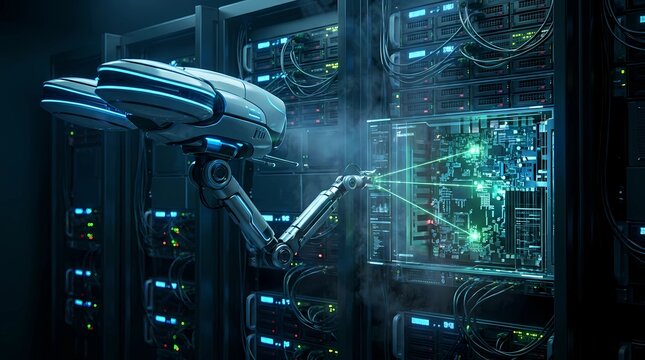 Automated maintenance probe uses multiple green laser beams to repair and configure high-density server equipment.