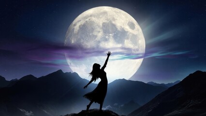 Fototapeta premium Silhouette woman reaching toward full moon over mountains