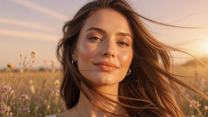 Fototapeta premium Young woman smiling in wind in wildflower field at sunset