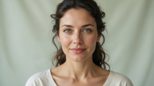 Woman facing camera with neutral expression in studio backdrop