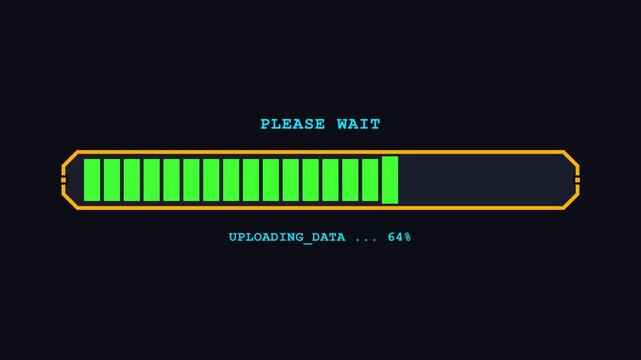Retro pixel loading bar with 8-bit blocks filling zero to hundred percent on black background for computer HUD interface