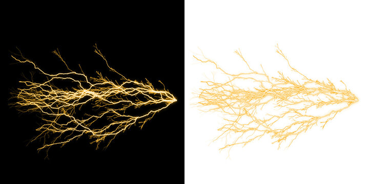 Yellow electric lightning bolt discharge pattern on split black and white background isolated on a transparent background