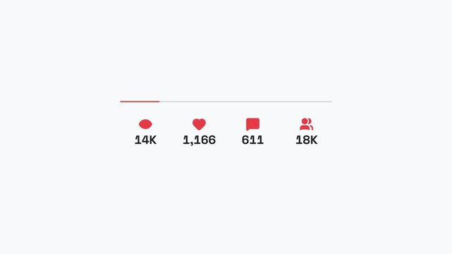 Social media counter with red pixel heart and follower icons increasing metrics on white background for engagement milestones.