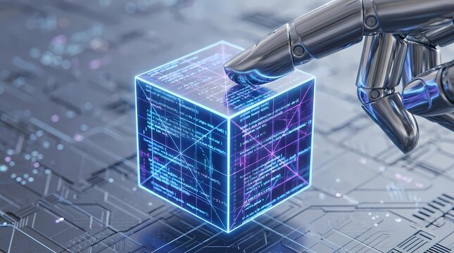 Robotic hand touches a glowing digital cube containing complex lines of programming code.