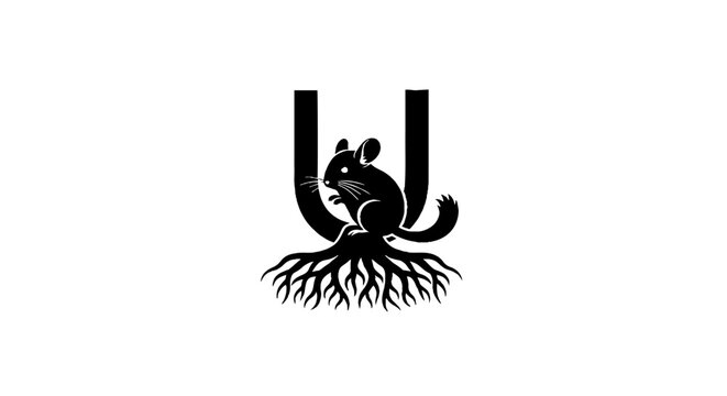 Black and white squirrel logo with roots design.