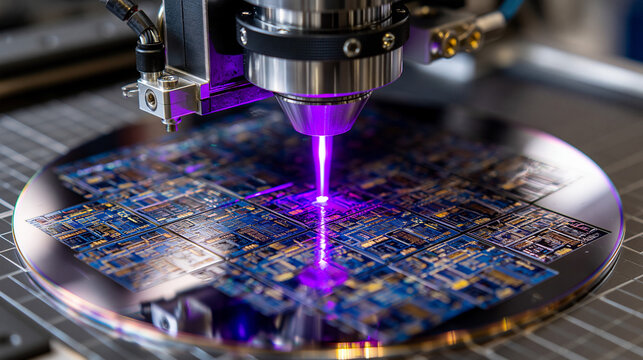 Laser Engraving on Silicon Wafer: A high-precision laser beam illuminates and engraves intricate patterns onto a silicon wafer, showcasing the cutting-edge technology in semiconductor manufacturing.