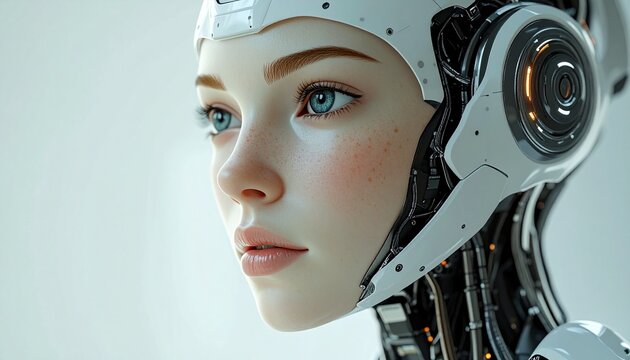 Close-up of a futuristic female android with human-like features.