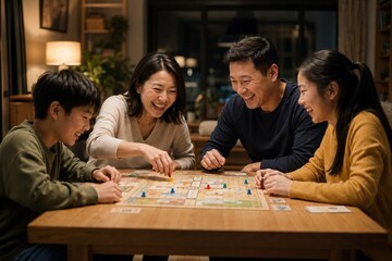 Fototapeta premium Happy Asian family playing board game at wooden table, cheerful parents with son and daughter laughing together in cozy living room at night, lifestyle bonding concept