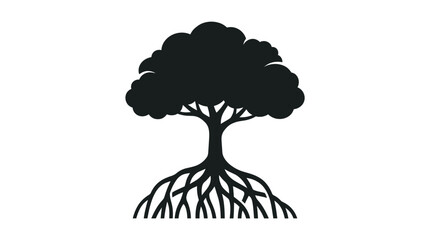 Tree silhouette featuring detailed root systems stands as a symbol of growth and stability. © ocil