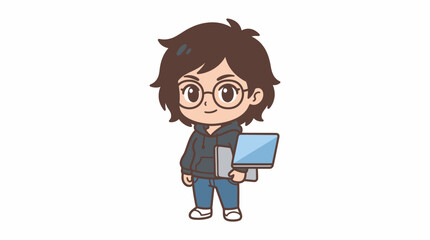 Student with glasses and dark hair holds a laptop while standing in a relaxed and confident way. © ocil