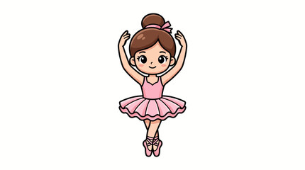Ballerina wearing a pink tutu stands in a graceful pose with her arms raised above her head. © ocil