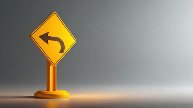 A yellow diamond-shaped traffic sign with a black arrow indicating a sharp left turn, placed on a grey gradient background. This sign warns drivers of an upcoming curve in the road