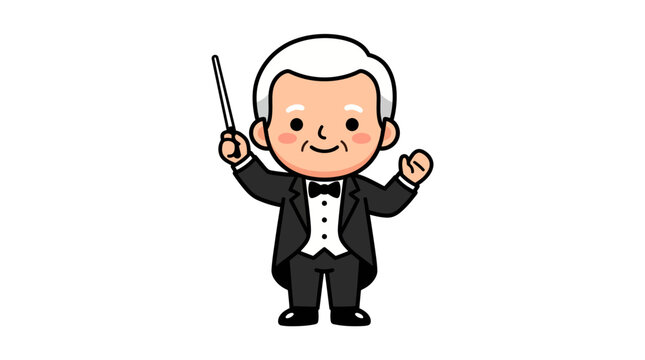 Conductor stands tall in a formal tuxedo while holding a baton to lead an orchestral performance.