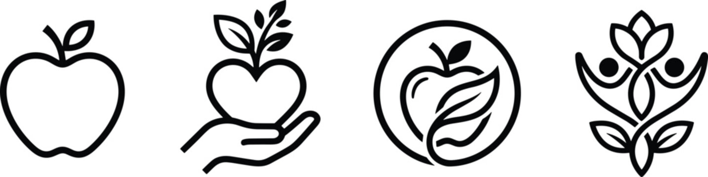 Healthy Diet Living Icon Set with Apple Heart Sprout Hand and Wellness Human Silhouette for Nutrition Organic Food Logo Designs