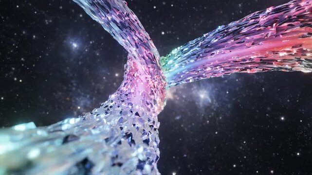虹色に輝くメビウスの輪が回転する未来的な抽象アニメーション