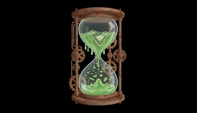 Dollar decline concept with green sand flowing through hourglass.