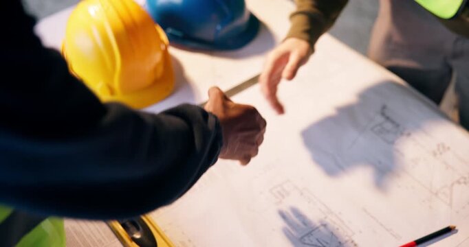 Handshake, blueprint and construction workers on site with agreement, partnership or maintenance deal. Floor plan, people and contractor shaking hands with civil engineer for building approval.