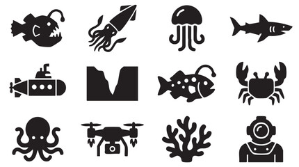 Black sea creature icons, ocean animal symbols, marine life vector graphics, 12 silhouette illustrations © Zia