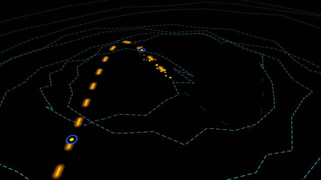 Navigation path light streak follows topographical dashed lines to red marker on dark background.