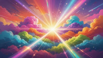 Fototapeta premium Radiant sunbeams spreading through multicolored cloud layers sky