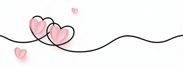 Fototapeta premium Two intertwined pink paper hearts with a continuous black line on a plain white background