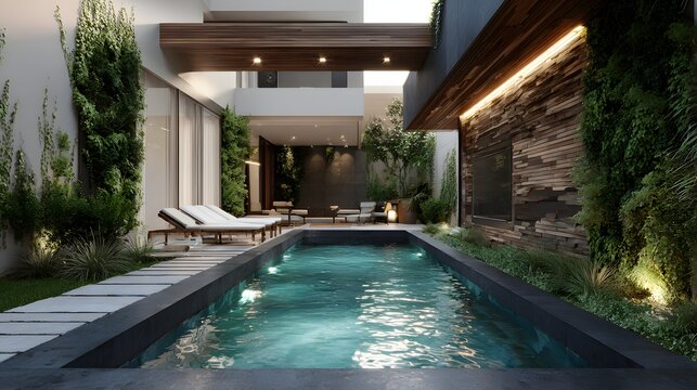 swimming pool in a modern luxury house with natural ethnic architecture