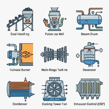 Industrial Power Plant Equipment Set Vector Illustration.