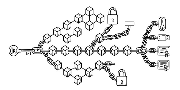 Blockchain Network Diagram Illustration, Cryptography Data Encryption and Cyber Security Concept, Decentralized Technology Chain Line Art Minimalist Outline Vector