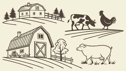 Farm landscape features rustic barns with grazing livestock in a serene countryside setting. © Sami