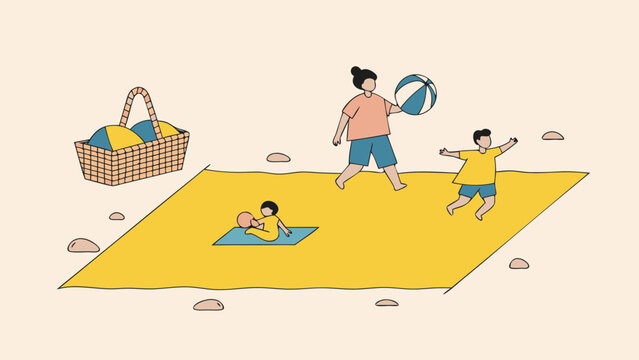 Family plays with a beach ball on a yellow mat during a sunny afternoon outing in the park.