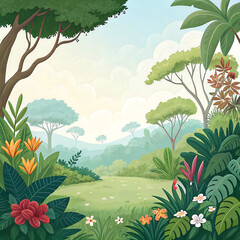 Fototapeta premium Tropical jungle landscape with lush vegetation and vibrant flowers