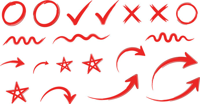 Set of red hand drawn circles, check marks, x marks, waves, stars, and arrows vector collection.