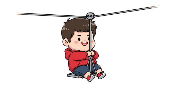 Happy cartoon boy riding a thrilling zip line adventure.