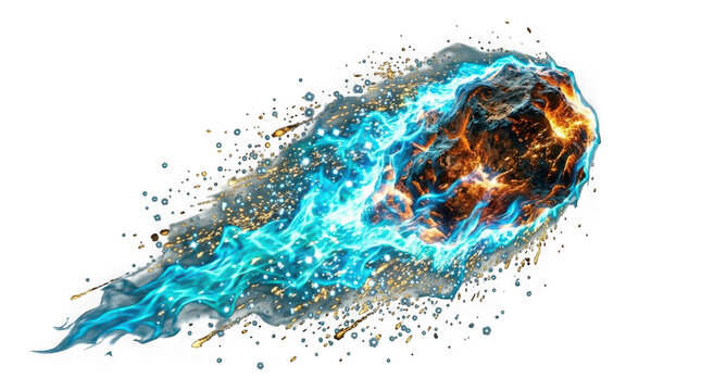 A glowing meteor or asteroid burning with bright blue flames and golden sparks, isolated on transparent background