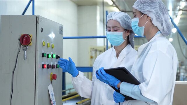 Female food inspectors in lab coats and hairnets monitoring industrial control panel, Quality control experts checking production line control box in food factory