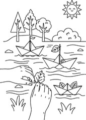 Fototapeta premium Handmade Paper Boats Floating in Nature Scene Illustration.