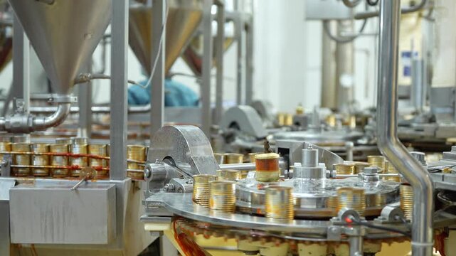 Automated Canning Process, A close-up perspective of a streamlined, automated canning line, showcasing a series of fresh produce cans being efficiently filled and sealed in a modern facility