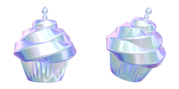 3D Holographic Birthday Cupcake Icon Front and Side View