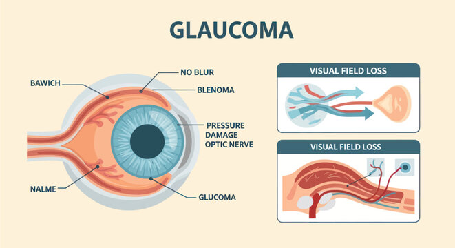 Diagram illustrating the anatomy of the eye and the effects of glaucoma on vision, including optic nerve damage and visual field loss.