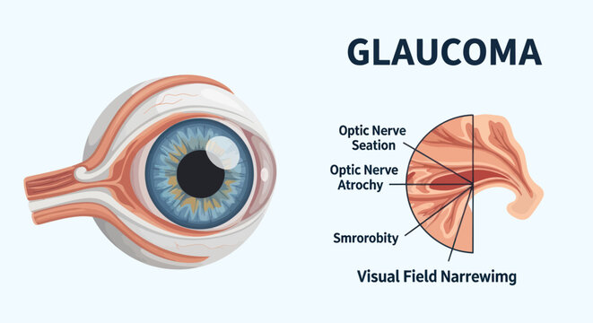 Illustration of the human eye showing the effects of glaucoma, including optic nerve damage and visual field narrowing.