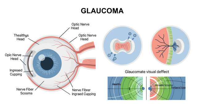 Anatomical illustration of the human eye showing the optic nerve head and nerve fiber layer damage associated with glaucoma, alongside visual field defects.