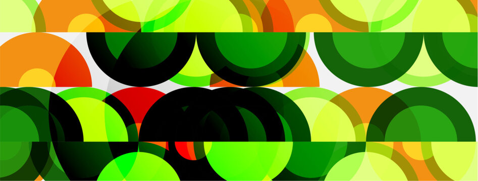 Abstract pattern. Overlapping circles create vibrant, colorful texture. Greens, oranges, reds dominate composition. Modern design element.