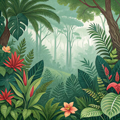 Fototapeta premium Tropical rainforest landscape with lush greenery and vibrant flowers