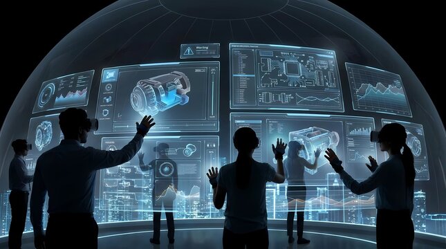 Engineers wearing virtual reality headsets interact with complex holographic data visualizations inside a futuristic dome environment.