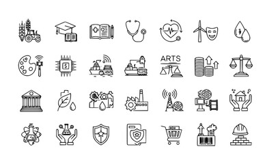 Sector of society line editable icon set, agriculture education healthcare energy technology transportation arts justice vector icons on white © Md