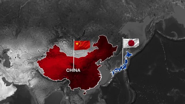Digital animation depicting flags of China and Japan over their respective countries on a world map